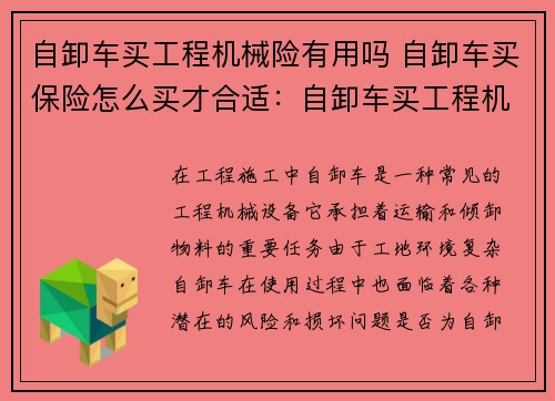 自卸车买工程机械险有用吗 自卸车买保险怎么买才合适：自卸车买工程机械险有用吗