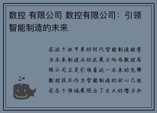 数控 有限公司 数控有限公司：引领智能制造的未来